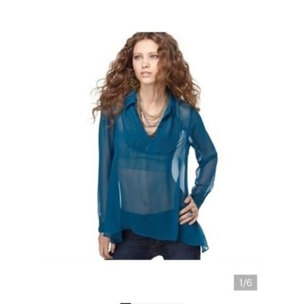 Free People Teal Chiffon Pleated Georgette Top